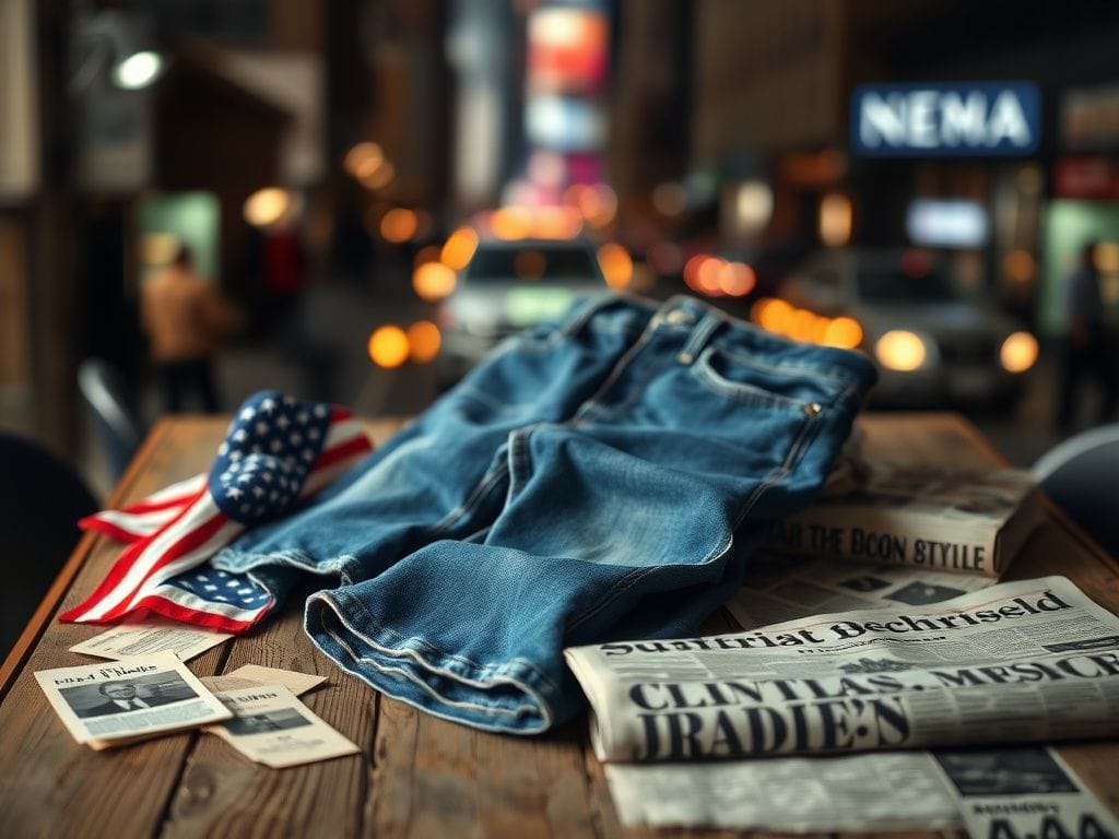 Flick International Stylish blue jeans displayed on a wooden table with political elements