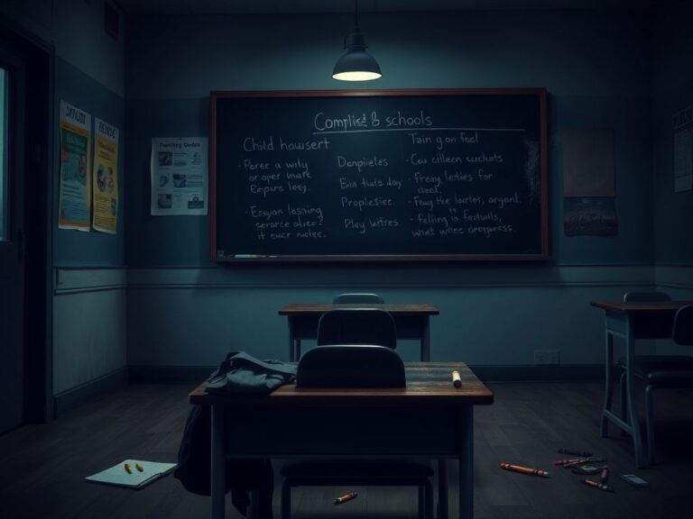 Flick International Abandoned classroom desk with school supplies after incident