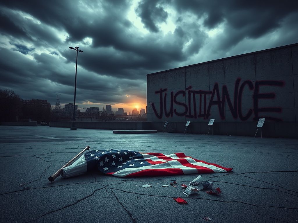 Flick International Abstract representation of a somber urban landscape with a shattered American flag and graffiti art reflecting national discontent.