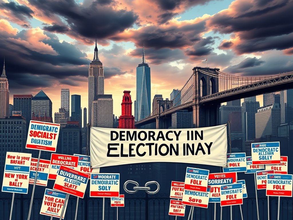 Flick International New York City skyline on Election Day showcasing iconic landmarks and election signs