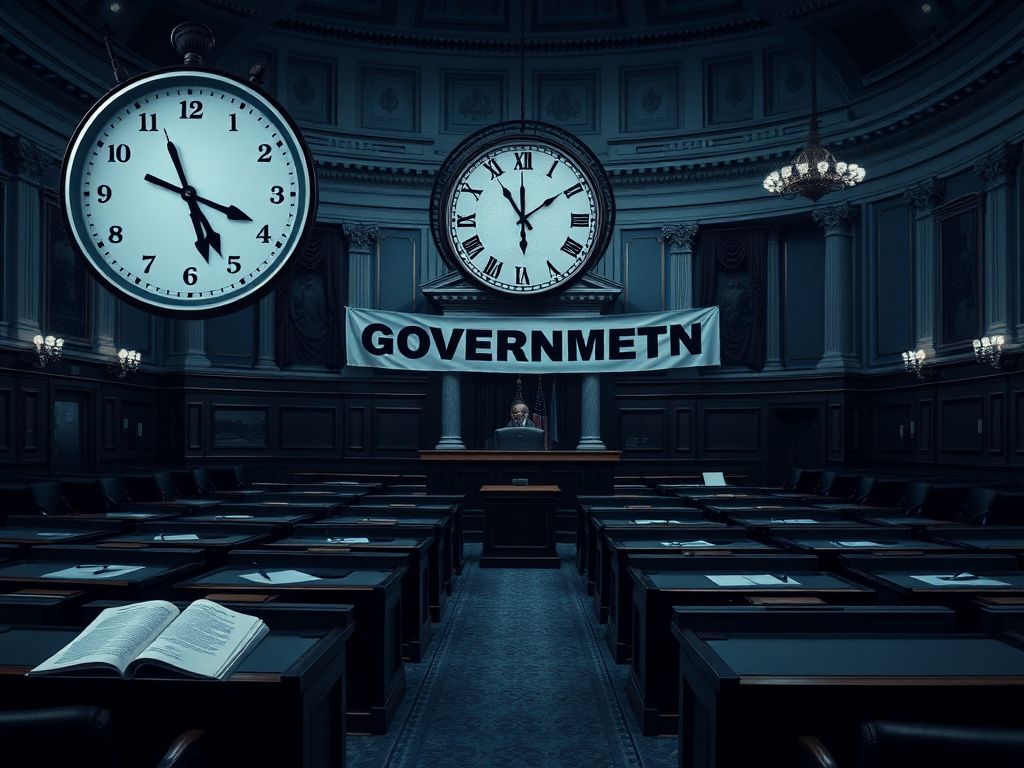 Flick International Empty U.S. Senate chamber showcasing a large clock past deadline