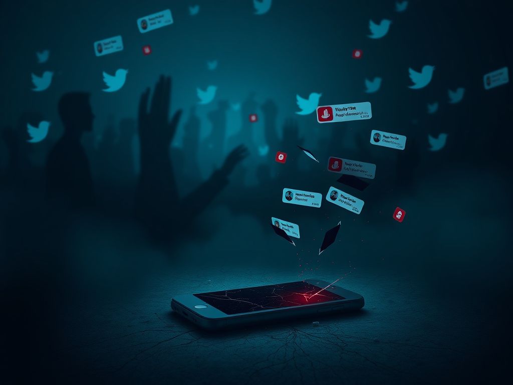 Flick International Dark digital landscape symbolizing online harassment with social media icons and a cracked smartphone
