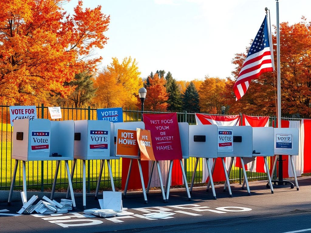 Flick International A vibrant polling station in New Jersey on Election Day with colorful campaign materials and voting booths.