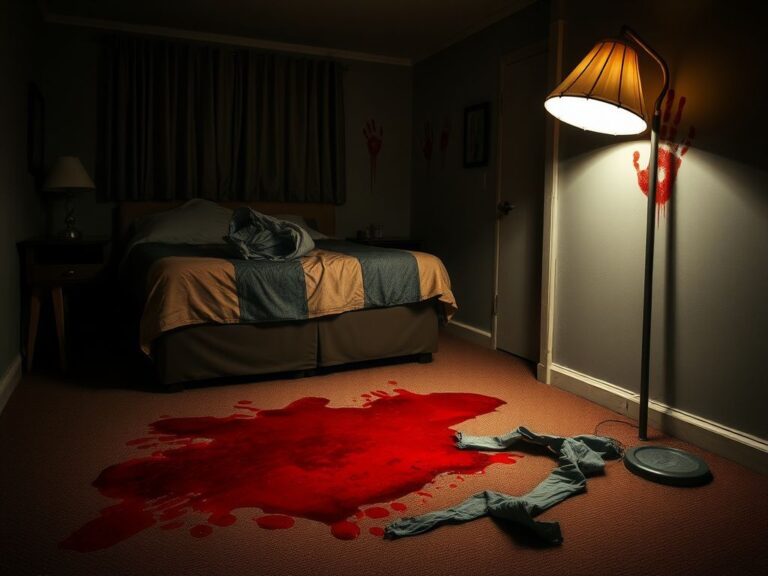 Flick International Staged crime scene with red liquid and handprints in a dimly lit motel room