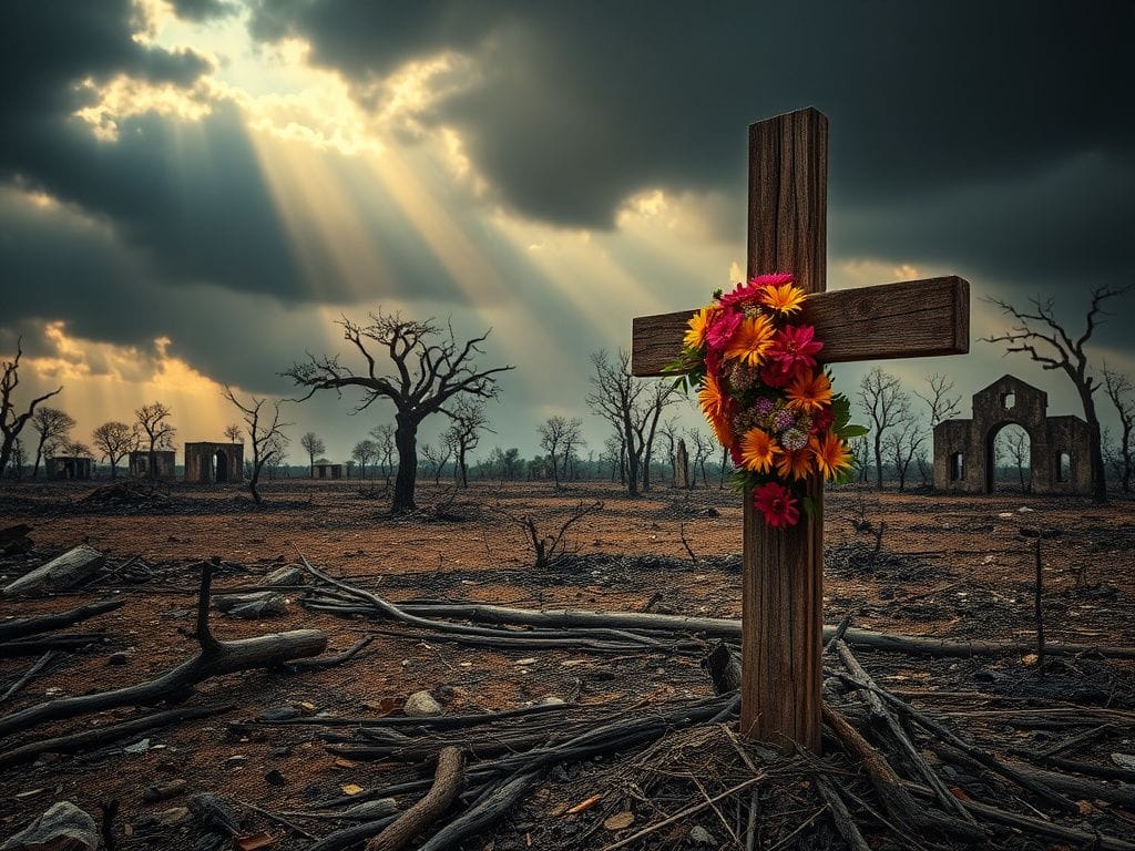 Flick International A desolate Nigerian landscape featuring a weathered cross among charred trees and vibrant flowers.