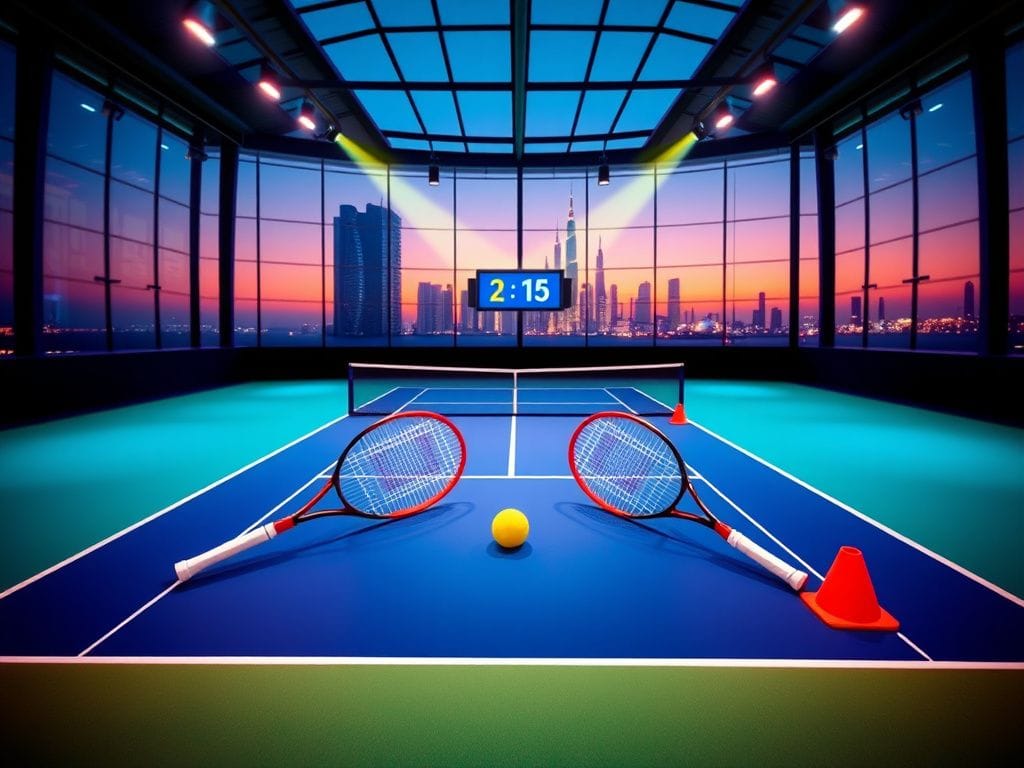 Flick International Vibrant tennis court scene in a futuristic arena with Dubai skyline