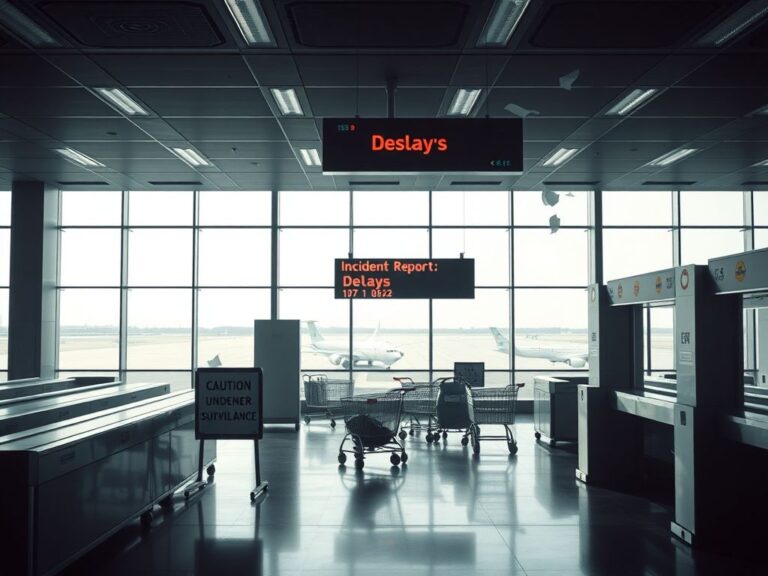 Flick International Empty airport terminal with security lanes and ominous signs