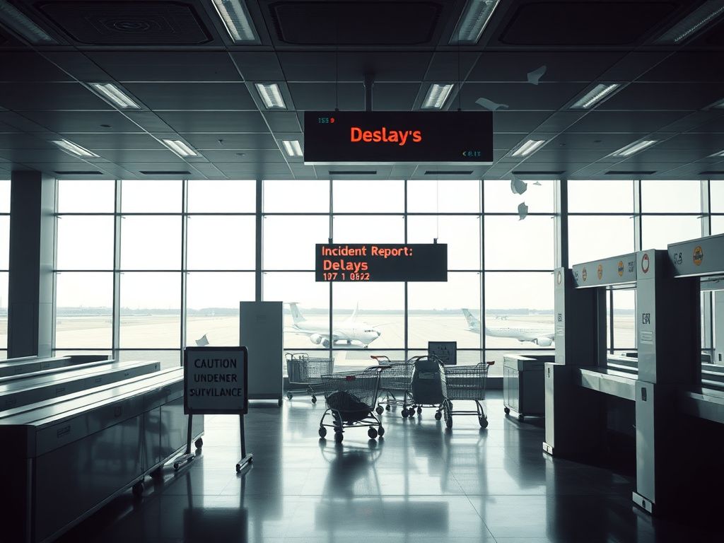 Flick International Empty airport terminal with security lanes and ominous signs