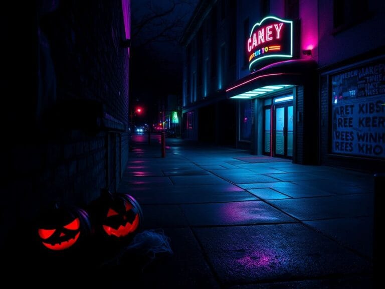 Flick International Dark, atmospheric scene of a deserted street outside a vibrant nightclub reflecting an eerie Halloween mood.
