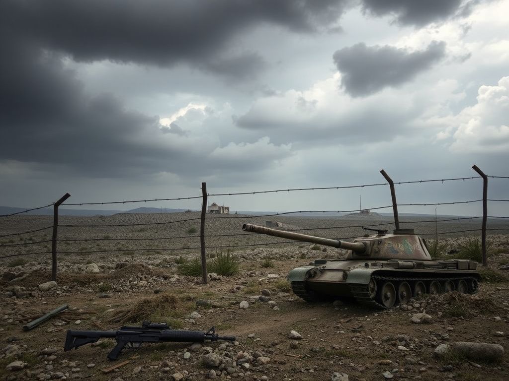 Flick International Tense landscape at the Israel-Lebanon border with barbed wire and stormy sky