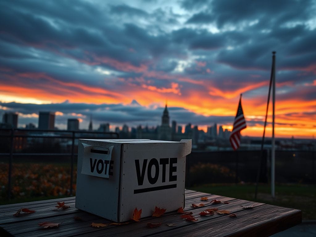 Flick International Dramatic New Jersey skyline at twilight with voting box