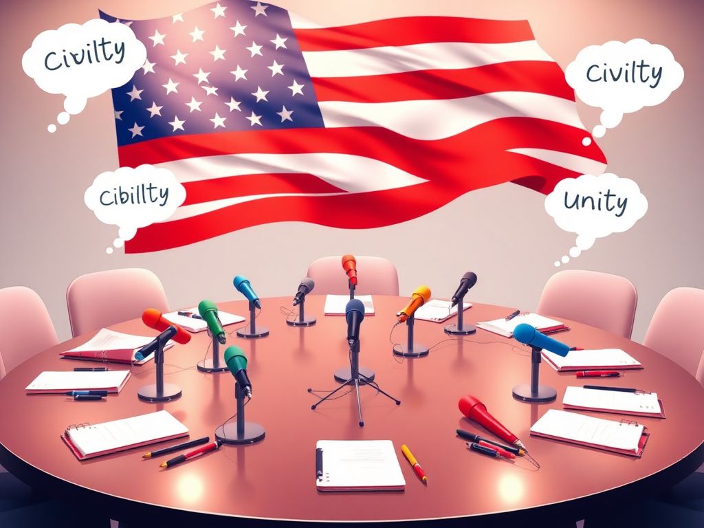 Flick International Roundtable scene with microphones and notebooks depicting a civil political discussion