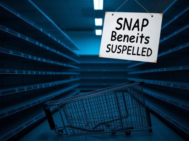 Flick International Empty grocery store aisle symbolizing the impact of government shutdown on SNAP benefits