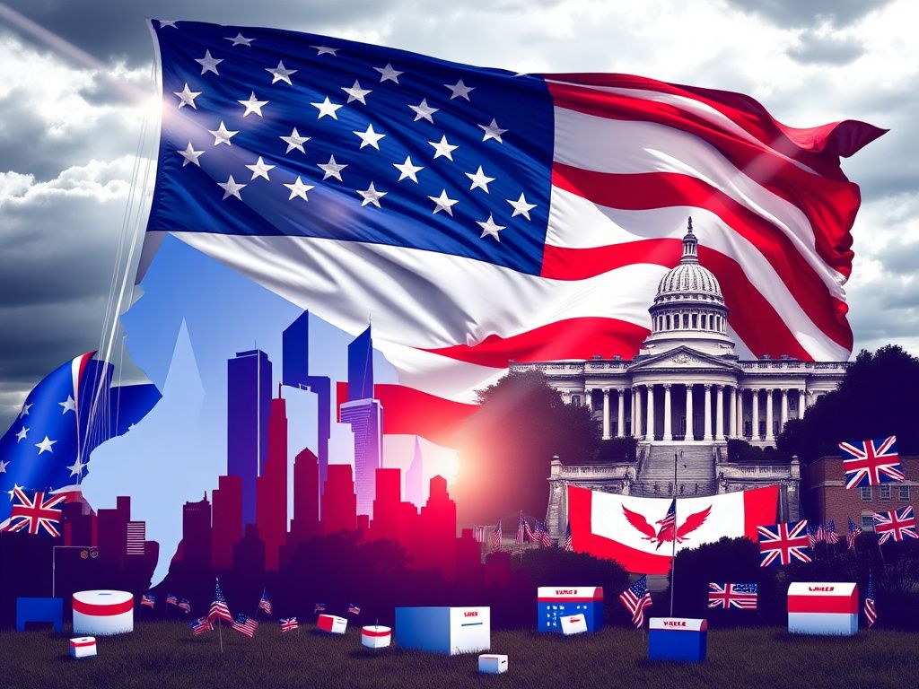 Flick International A split scene depicting New Jersey's skyline and Virginia's historical architecture against a backdrop of an American flag.