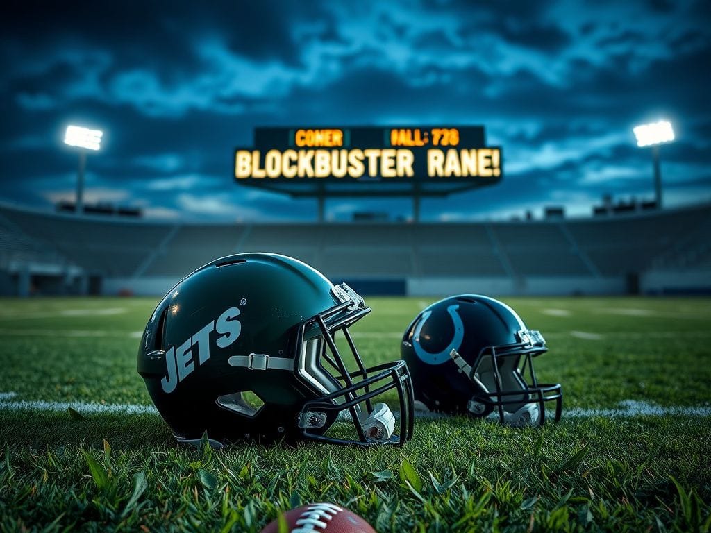 Flick International Empty football field at twilight with Jets and Colts helmets symbolizing trade