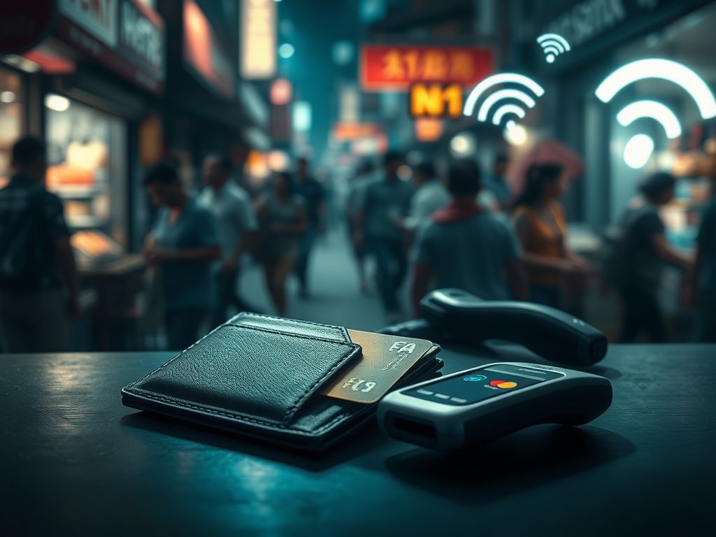 Flick International Stylish RFID-blocking wallet with a tap-to-pay card in a dimly lit urban market