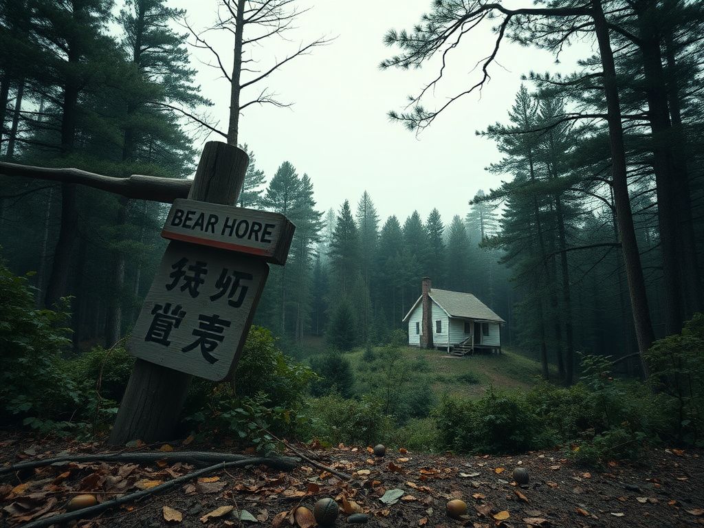 Flick International Dense northern Japanese forest with a caution bear signpost surrounded by foliage