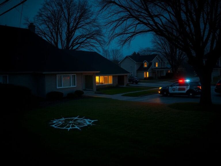 Flick International Suburban house at dusk with shattered rear window indicating recent burglary