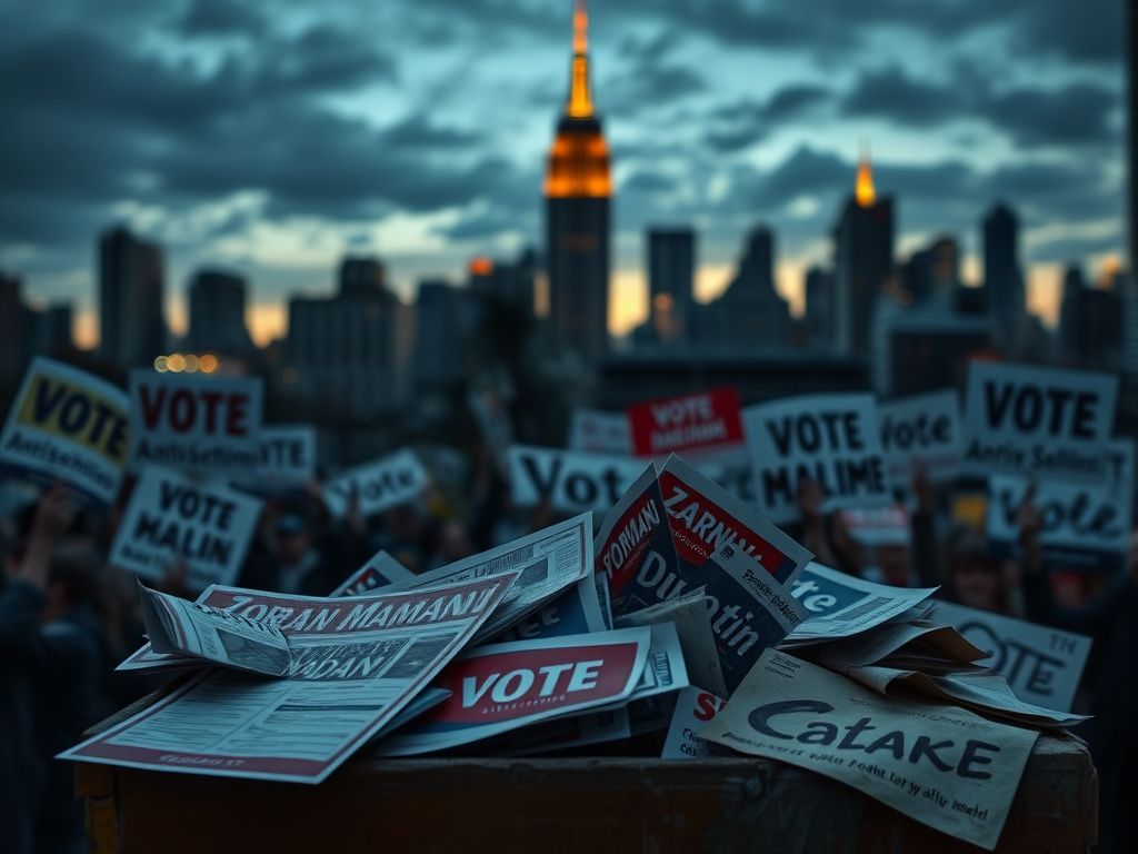 Flick International Dramatic urban landscape of New York City at dusk with a weathered ballot box overflowing with campaign flyers