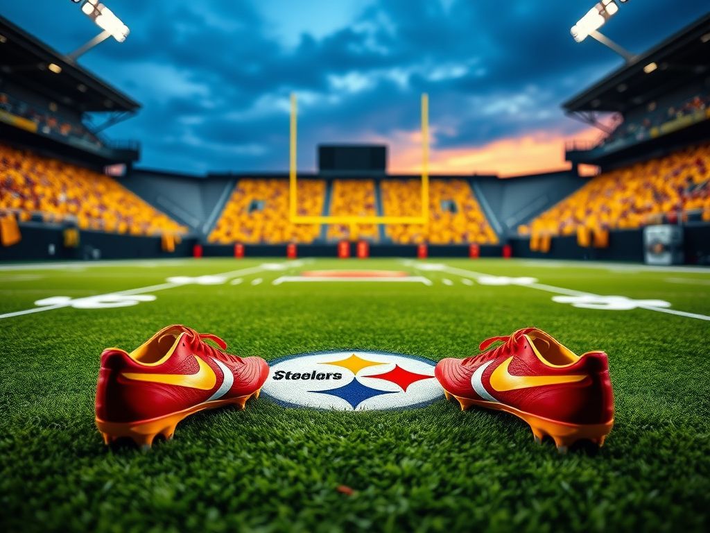 Flick International Empty football stadium with Pittsburgh Steelers logo on vibrant green turf and red and yellow football cleats