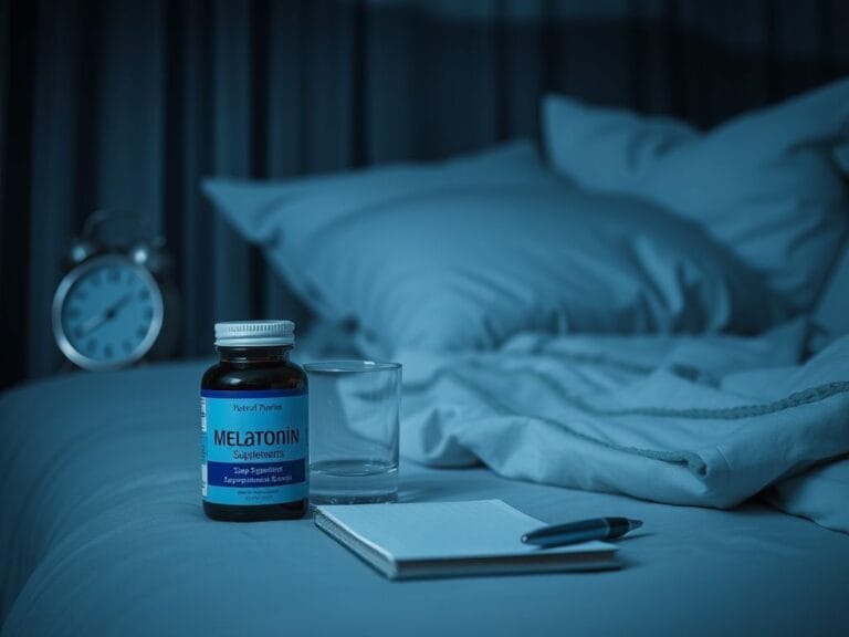 Flick International A serene bedroom scene with a bottle of melatonin supplements on the nightstand