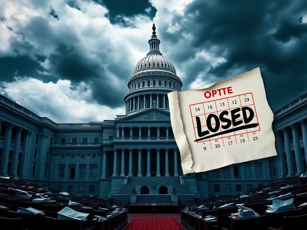 Flick International Dramatic depiction of the U.S. Capitol dome under dark clouds, symbolizing political unrest during the government shutdown