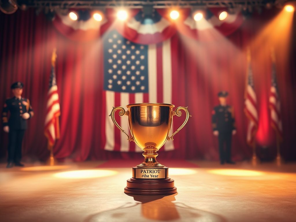 Flick International A golden 'Patriot of the Year' trophy on a stage with the American flag and honor guards in the background.