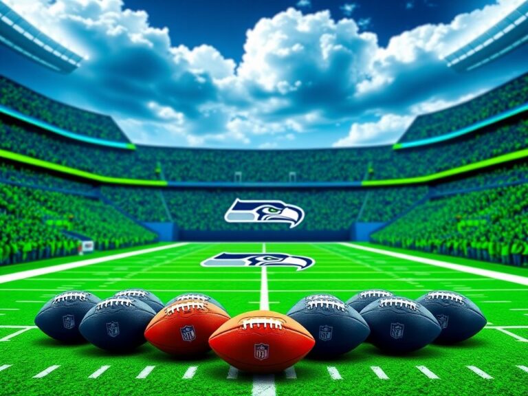 Flick International Vibrant scene of Seattle Seahawks game day with footballs symbolizing trade activity.