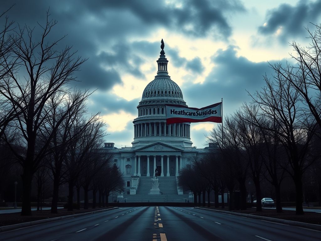 Flick International Dramatic view of the U.S. Capitol shrouded in dark clouds symbolizing political turmoil