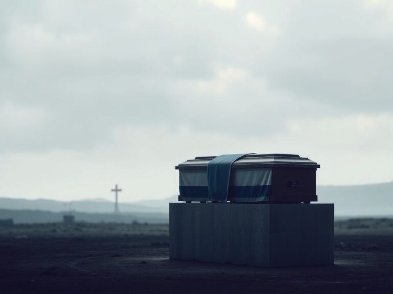 Flick International Closed wooden coffin draped in Israeli flag with muted background