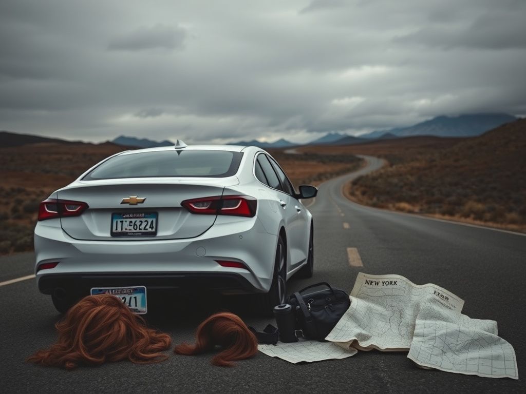 Flick International White 2024 Chevrolet Malibu parked by a winding highway with swapped license plates