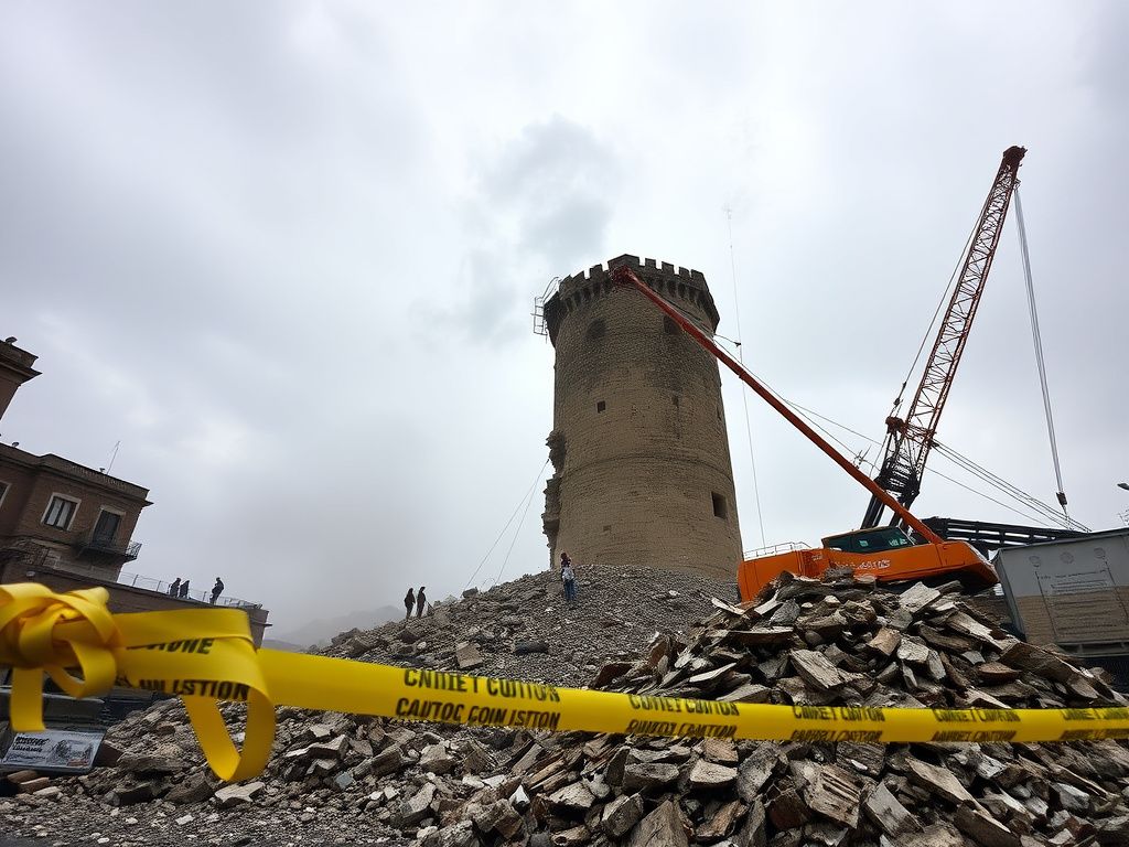 Flick International Partially collapsed Torre dei Conti in Rome surrounded by rubble