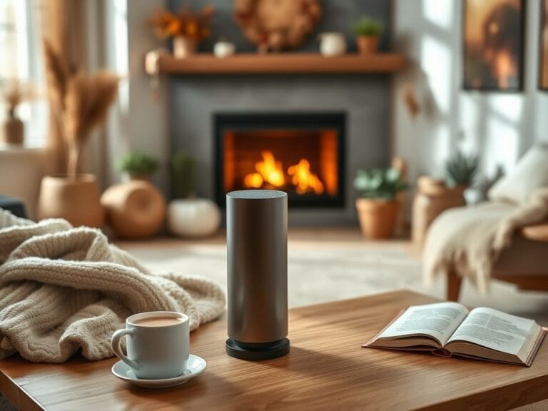 Flick International Cozy indoor scene featuring a compact cylindrical space heater on a flat surface