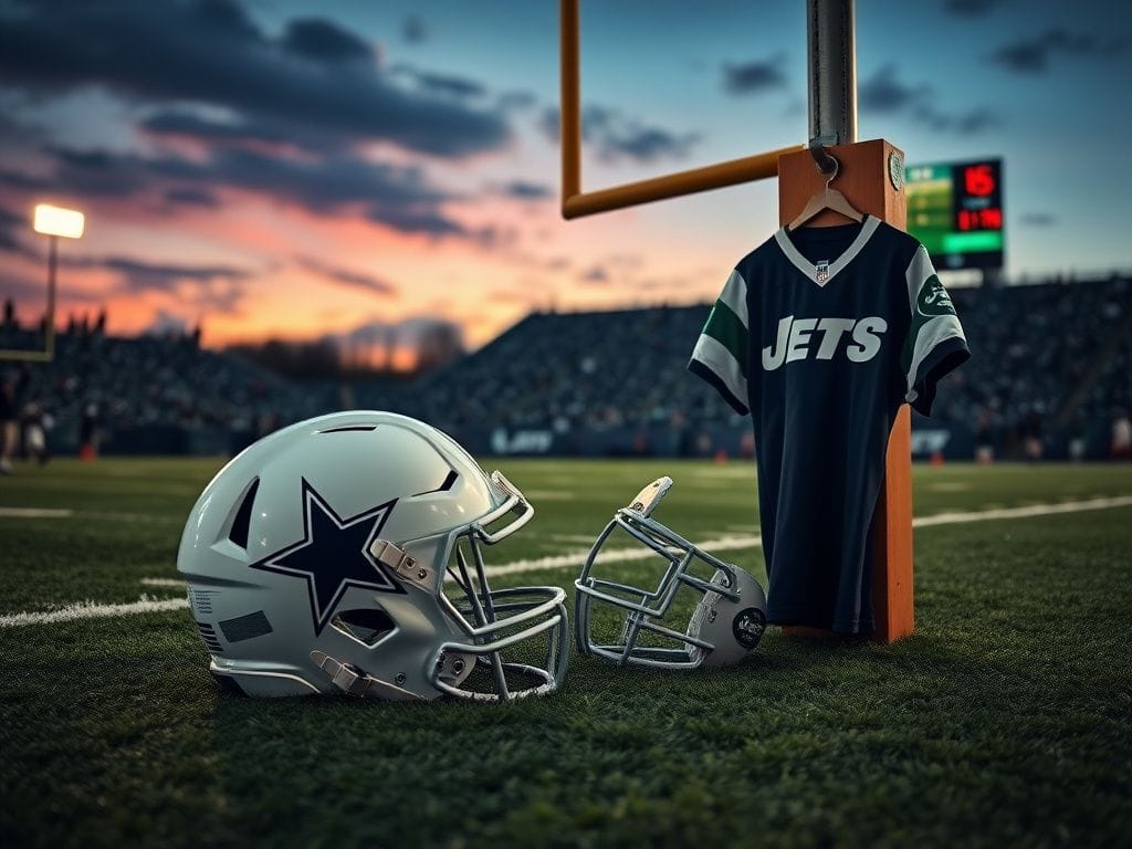 Flick International Dallas Cowboys helmet on turf with New York Jets jersey symbolizing NFL trade