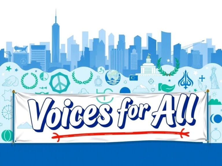 Flick International Abstract representation of political dialogue and community unity with a New York skyline