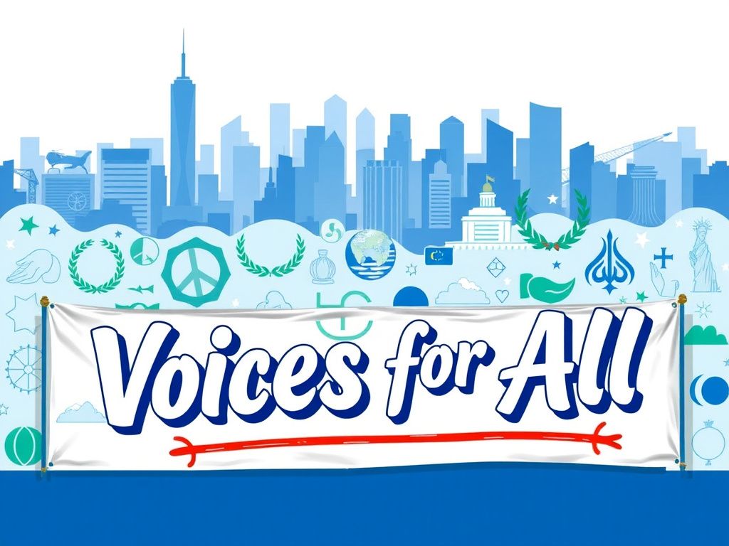 Flick International Abstract representation of political dialogue and community unity with a New York skyline