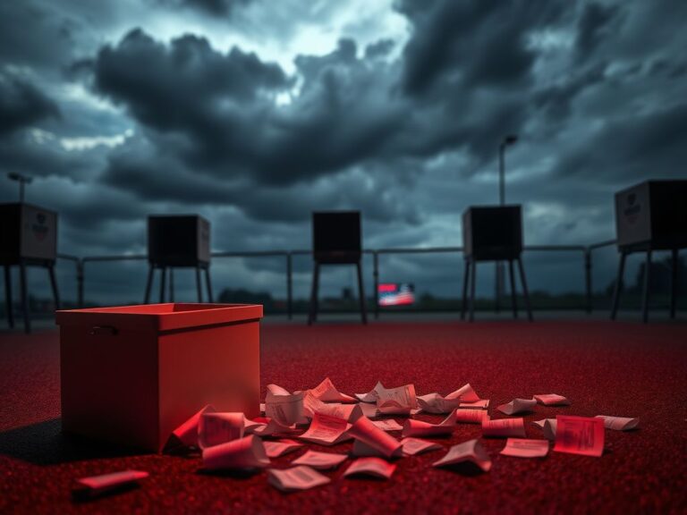 Flick International A deserted polling place in New Jersey with an empty ballot box and scattered ballots