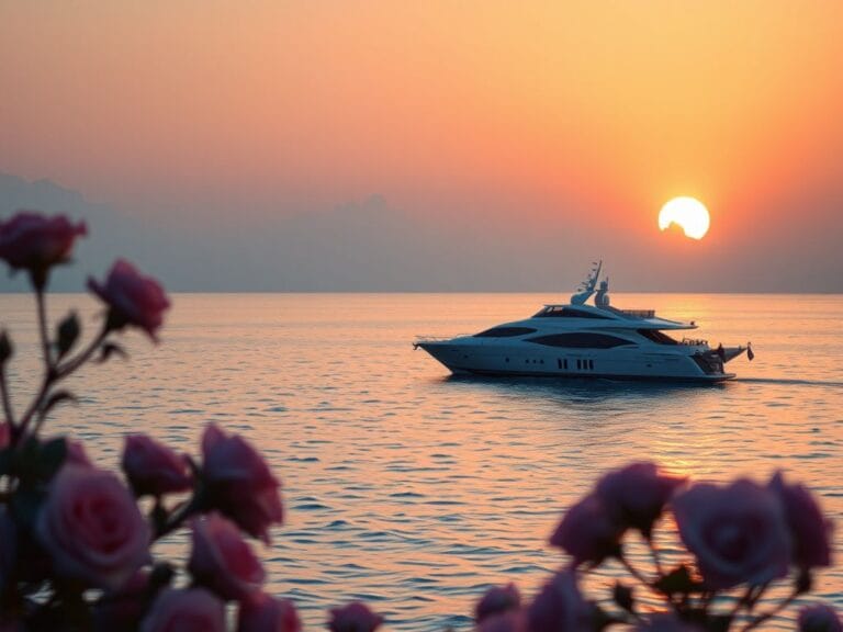 Flick International A serene coastal sunset with a yacht symbolizing romance