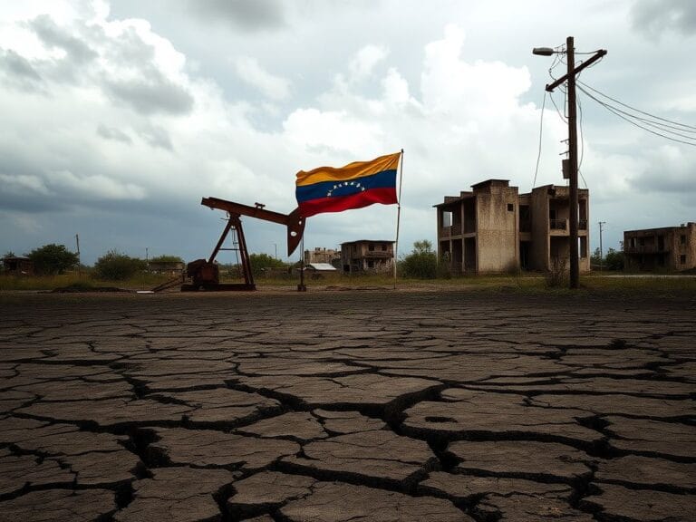 Flick International A desolate oil field in Venezuela with rusting oil pumps and a tattered Venezuelan flag, symbolizing the country's collapse.