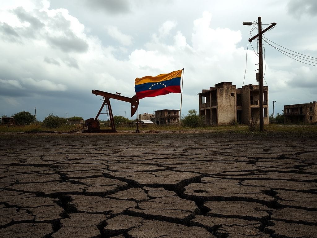 Flick International A desolate oil field in Venezuela with rusting oil pumps and a tattered Venezuelan flag, symbolizing the country's collapse.