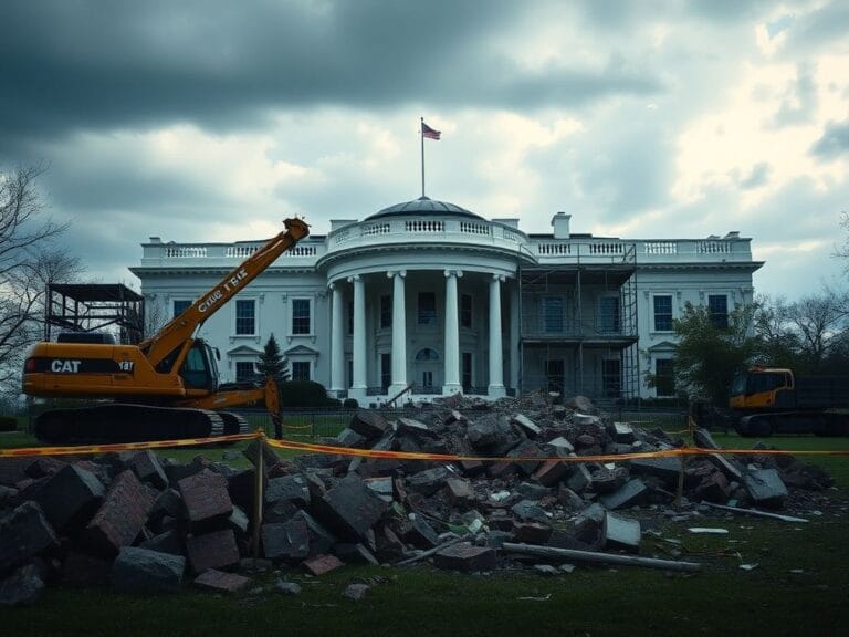 Flick International A stylized depiction of the White House East Wing undergoing demolition with heavy machinery and construction debris.