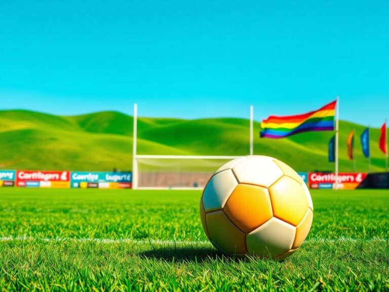 Flick International A vibrant soccer field with a large soccer ball and a rainbow flag representing inclusivity