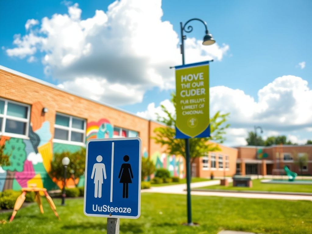 Flick International Colorful unisex restroom signs in a vibrant school environment in Arlington, Virginia, promoting inclusivity.