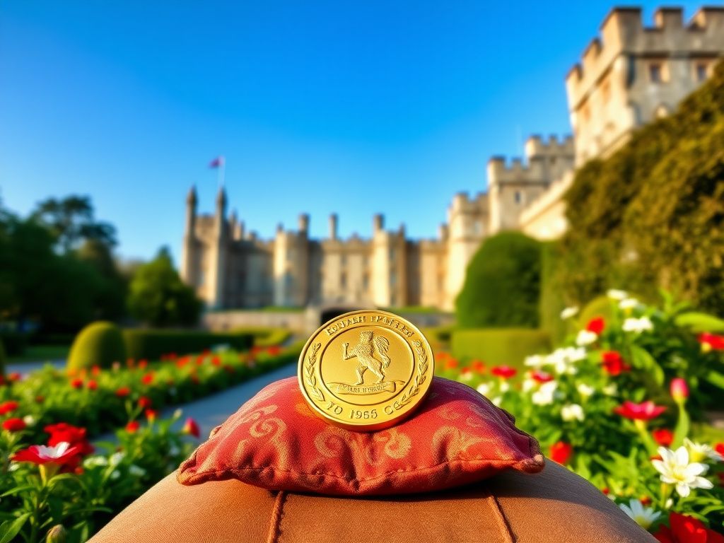 Flick International A golden knight's medal on a richly embroidered cushion at Windsor Castle