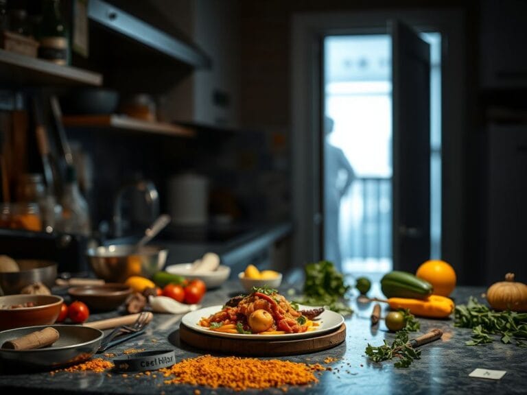 Flick International A beautifully plated gourmet entrée on a rustic wooden board surrounded by vibrant spices and fresh herbs.