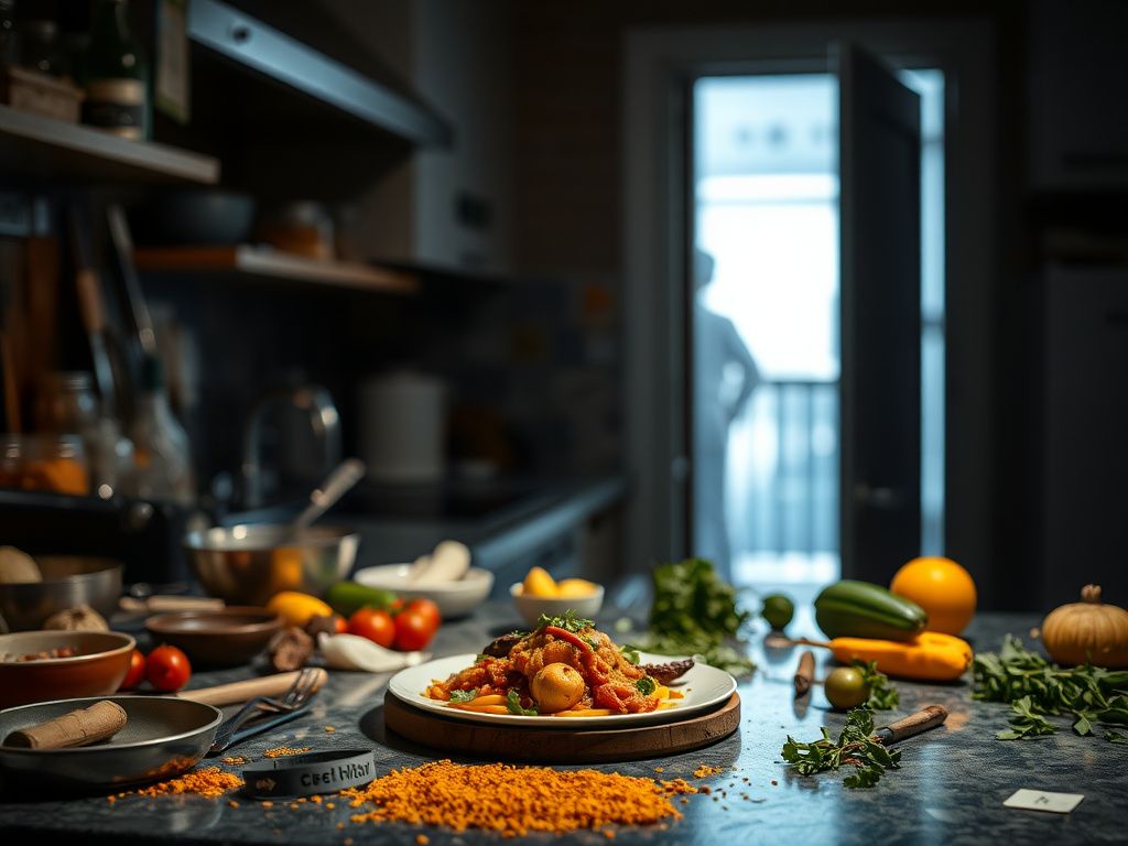 Flick International A beautifully plated gourmet entrée on a rustic wooden board surrounded by vibrant spices and fresh herbs.