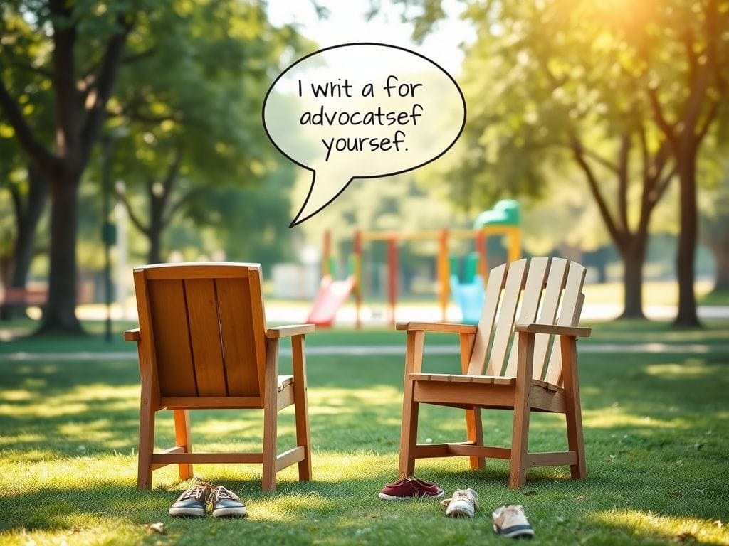 Flick International A tranquil park scene with empty wooden chairs and children's shoes, symbolizing open communication and self-advocacy.