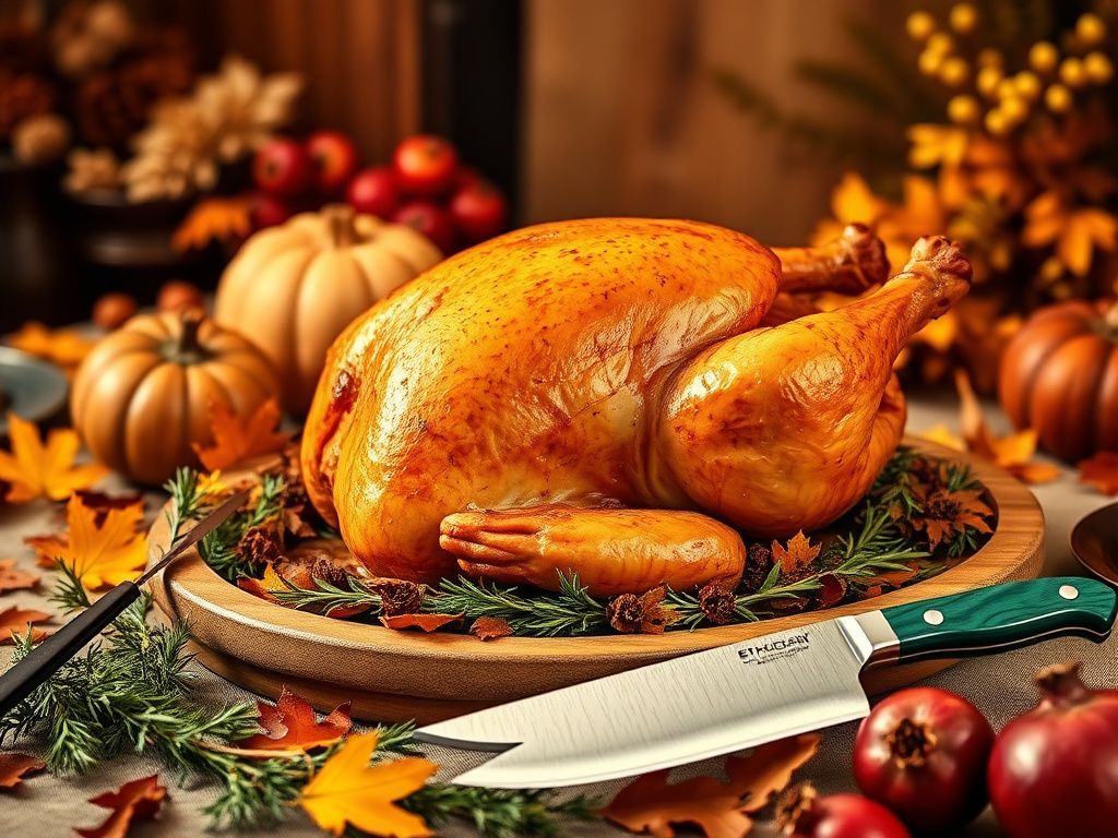 Flick International A beautifully arranged Thanksgiving table with a golden roasted turkey and elegant carving knives