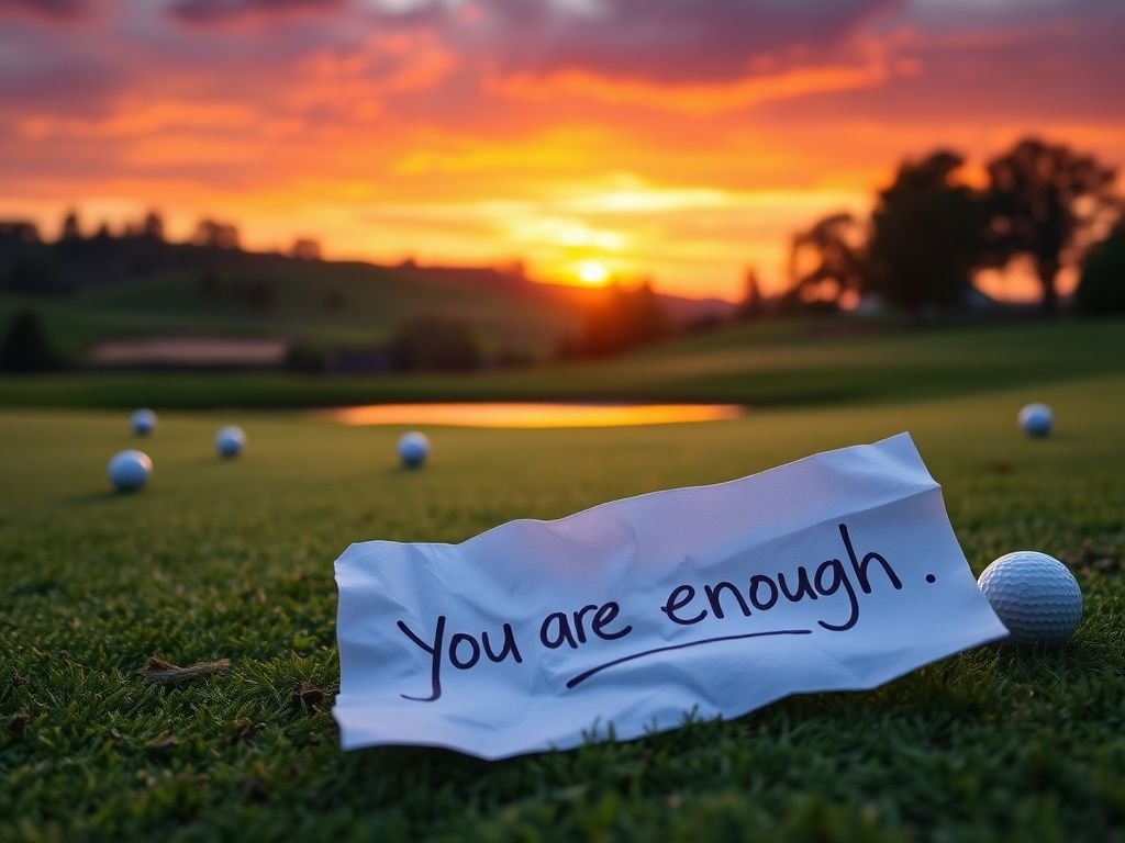 Flick International A serene golf course at sunset with a crumpled paper showing hurtful comments and a note saying 'You are enough'