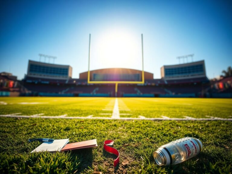 Flick International Empty football field with goalposts under a clear blue sky, symbolizing missed opportunities in college football coaching.